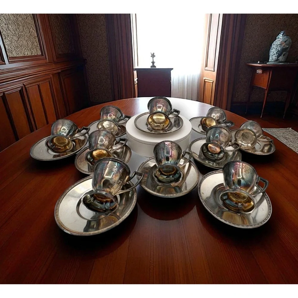 Vintage Chippendale EPNS Silverplate Demitasse Cups & Saucers Set of 10 Pat.1914
